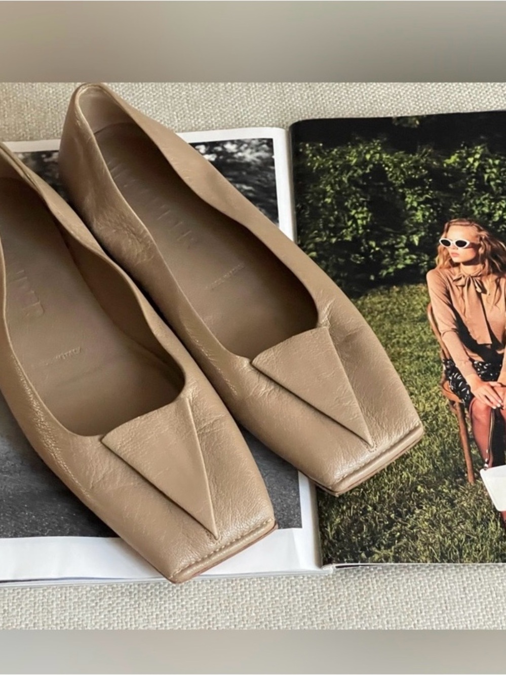 Jil Sander Beige Square-Toe Leather Flats